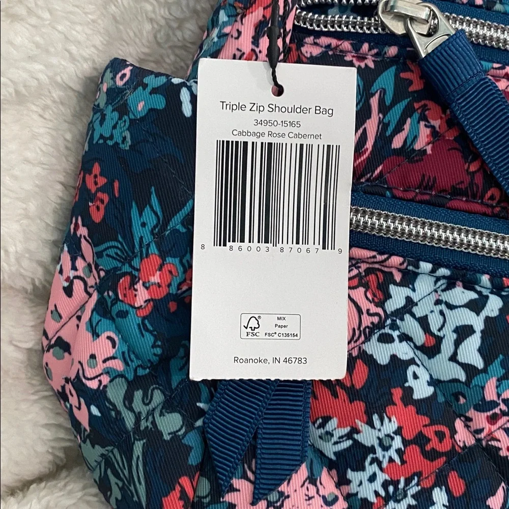 🆕Vera Bradley Triple Zip Shoulder Bag, Cabbage Rose Cabernet - Picture 9 of 9